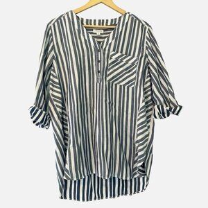 NEW Westbound Women's Petite Large Denim Blue Striped Roll Tab Sleeve Casual Top